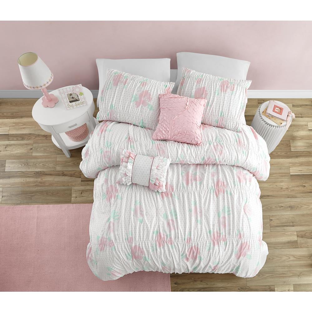Pink Microfiber Reversible Full Comforter Set with Decorative Pillows