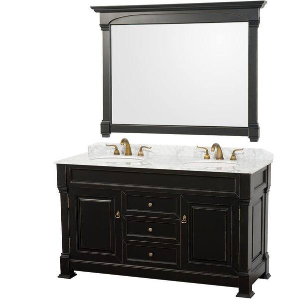 Wyndham Collection Andover 60 in. Vanity in Antique Black with Double Basin Marble Vanity Top in Carrera White and Mirror