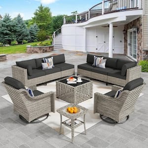 Thor 10-Piece Wicker Patio Conversation Seating Sofa Set with Black Cushions and Swivel Rocking Chairs