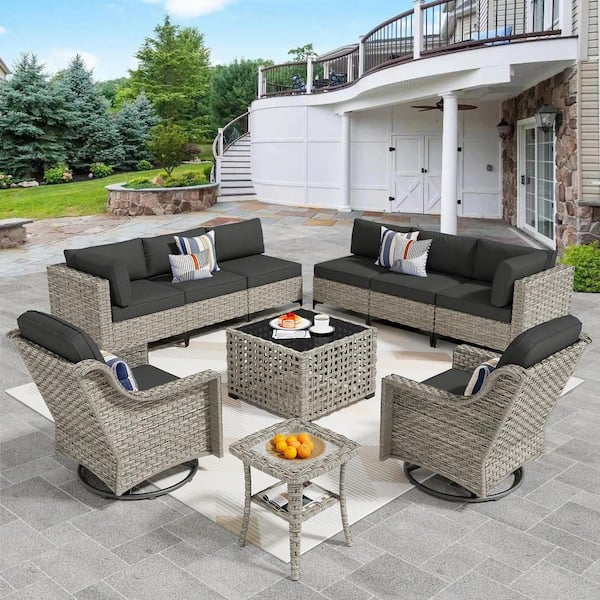 XIZZI Thor 10-Piece Wicker Patio Conversation Seating Sofa Set with Black Cushions and Swivel Rocking Chairs