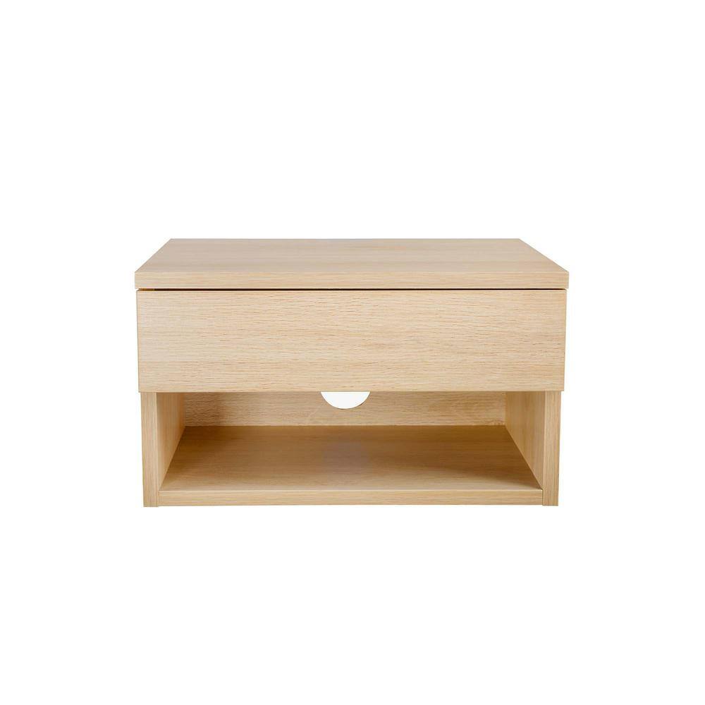 Light Oak Floating Wall-Mount Nightstand with Drawer and Shelf