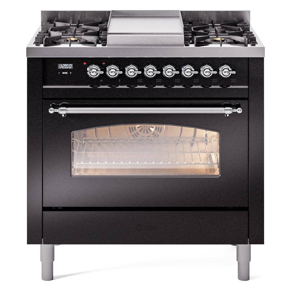 Nostalgie II 36 in. 6 Burner+Griddle Freestanding Dual Fuel Liquid Propane Range in Glossy Black with Chrome Trim -  ILVE, UP36FNMPBKCLP