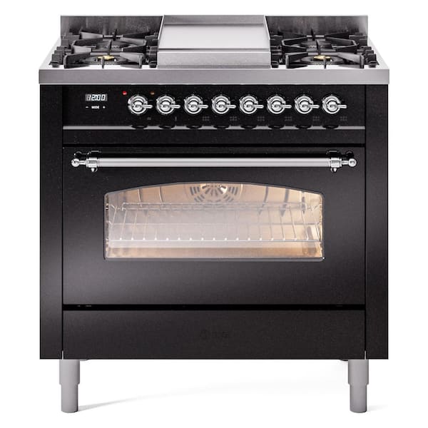 ILVE Nostalgie II 36 in. 6 Burner+Griddle Freestanding Dual Fuel Liquid Propane Range in Glossy Black with Chrome Trim