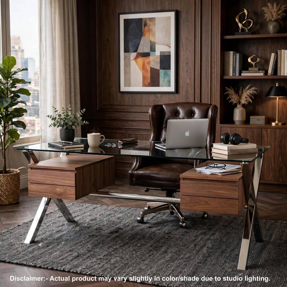 Tia 71 in. Rectangular Clear Glass Tempered Top 4-Drawer Writing Desk