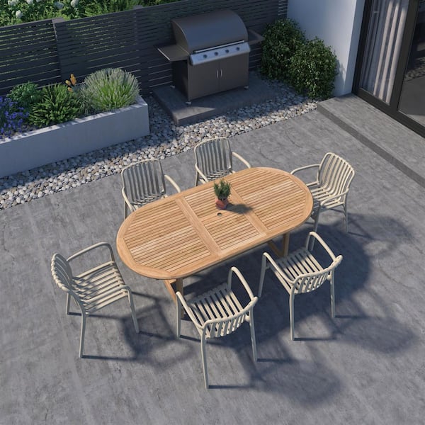 Amazonia Nagata 7-Piece Solid Teak Wood 100% FSC Oval Patio Dining Set Sand