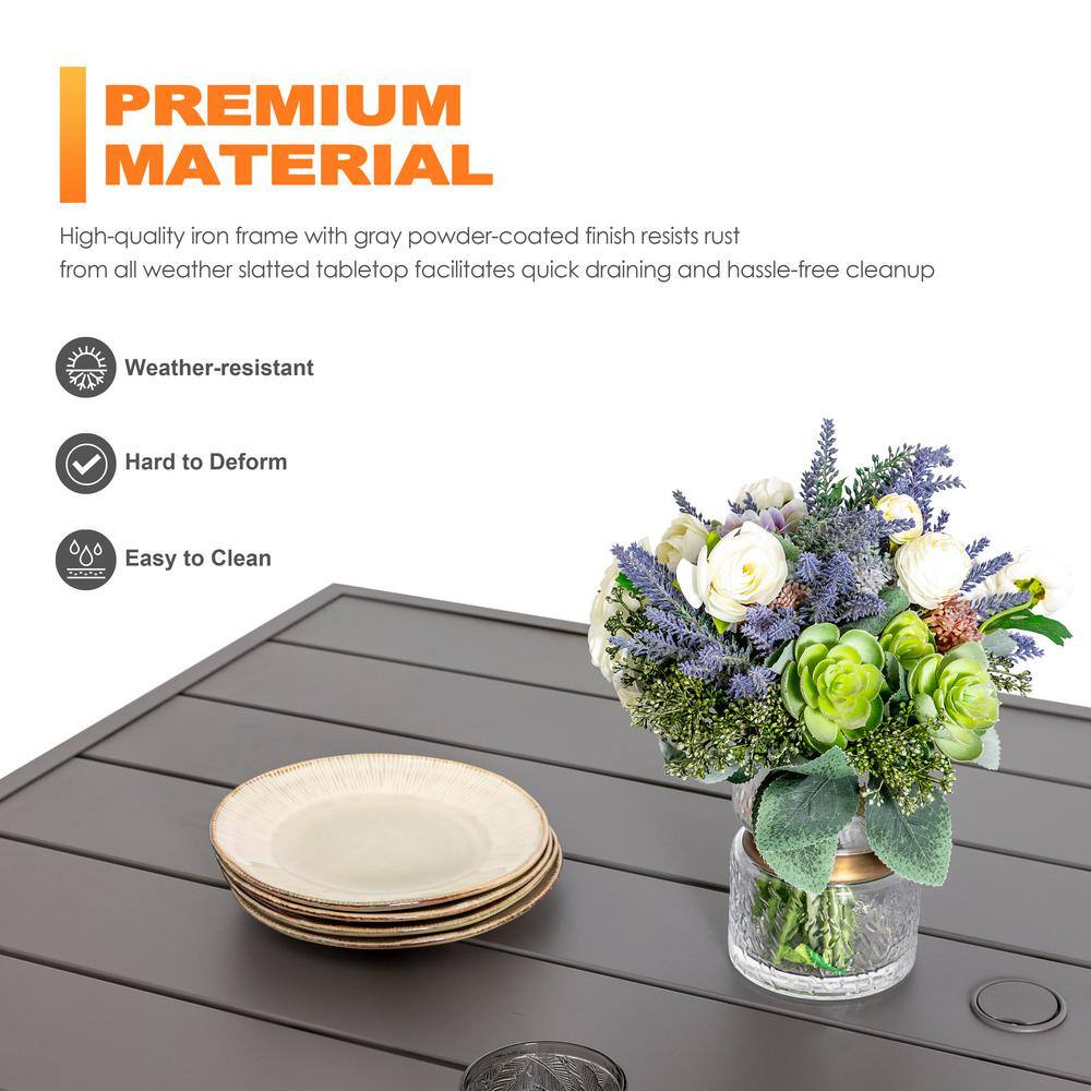 Nuu Garden 61'' Grey Iron Rectangular Patio Dining Table with Umbrella Hole