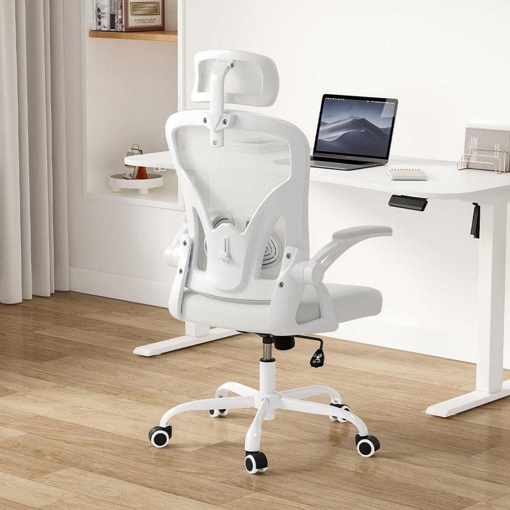 Mesh Swivel Adjustable Height Ergonomic Task Chair in White with Adjustable Headrest for Home or Office