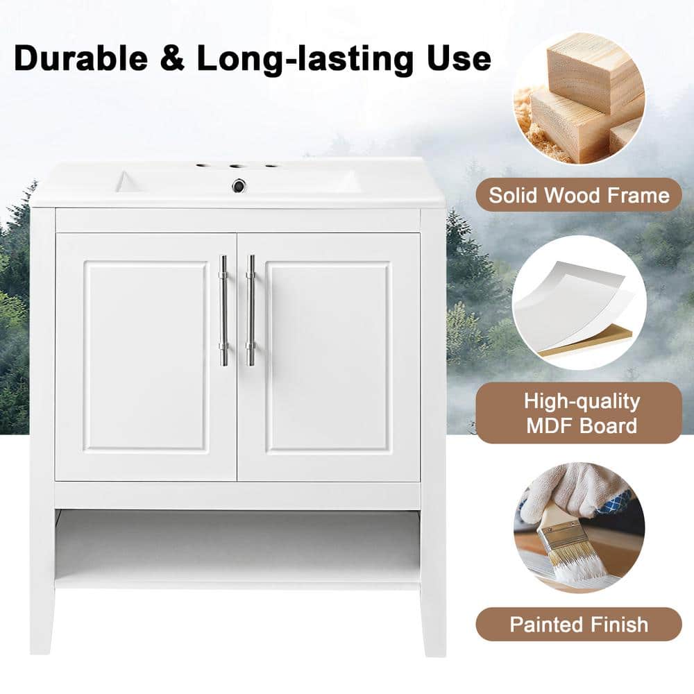 30" White Wood Freestanding Single Sink Bath Vanity with Ceramic Top