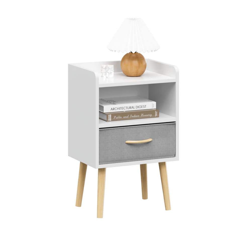 12 in. White Rectangle Wood End Table with Storage Cabinet Collapsible Fabr