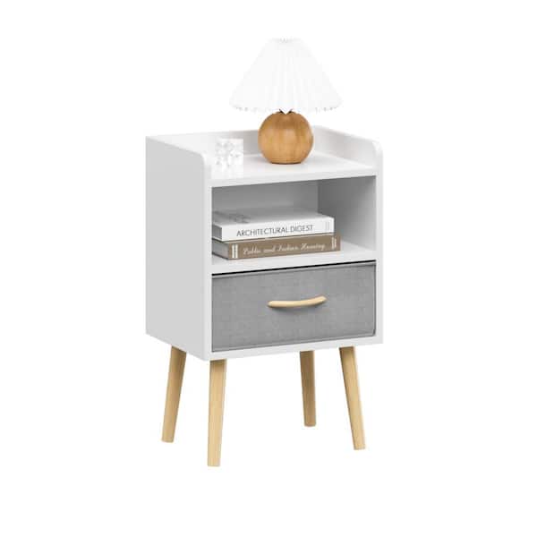 Unbranded 12 in. White Rectangle Wood End Table with Storage Cabinet Collapsible Fabric Drawer Living Room End Table