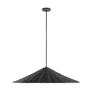 35 in. 1-Light Matte Black Shaded Pendant Light with Natural Rattan Shade
