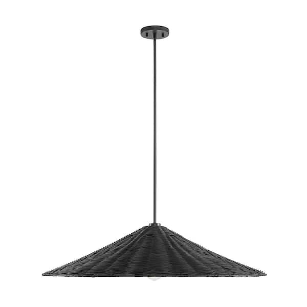 35 in. 1-Light Matte Black Shaded Pendant Light with Natural Rattan Shade