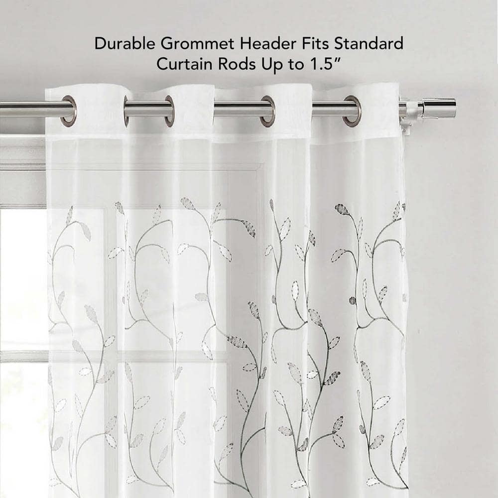 Silver Grey Sheer Embroidered Grommet Curtain Panel 54" x 84"