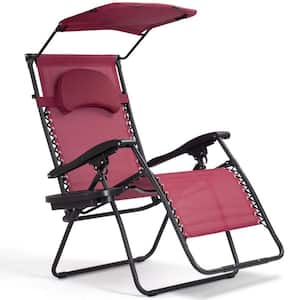 Folding Recliner Steel Outdoor Lounge Chair With Shade Canopy Cup Holder in Dark Red (Set of 1)