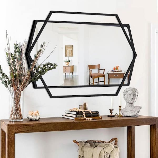 30 in. W x 40 in. H Modern Rectangular Polygonal Black Metal Frame Art Decorative Mirror Vanity Mirror Wall Mirror