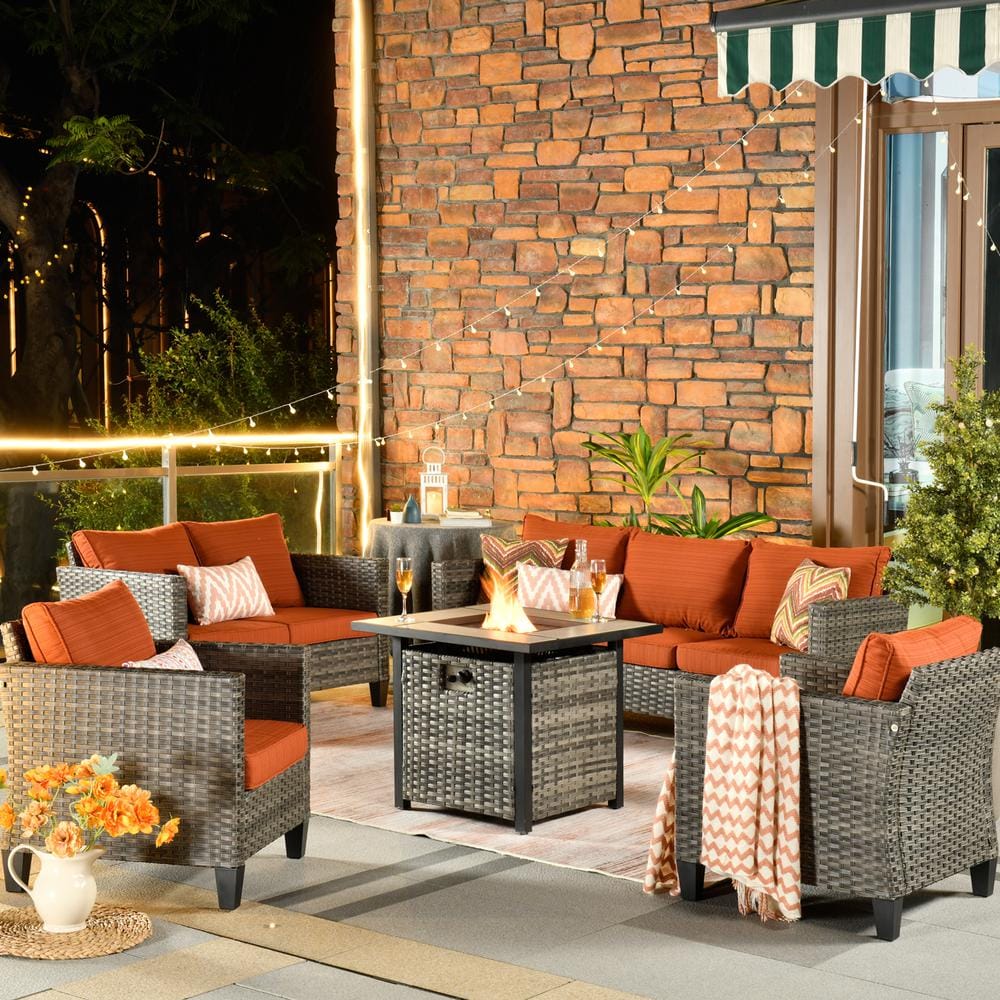 Mars Gray 5-Piece 7-Seat Wicker Patio Conversation Fire Pit Sofa Set with Red Orange Cushions price history on PriceWatchPro