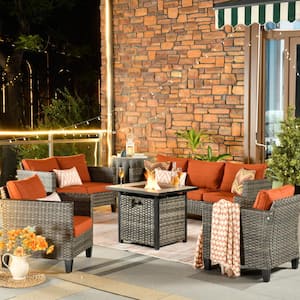 Mars Gray 5-Piece 7-Seat Wicker Patio Conversation Fire Pit Sofa Set with Red Orange Cushions
