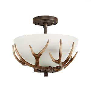 Deer Lake 13 in. 2-Light Handmade Finish Anlter Convertible Semi-Flush Mount