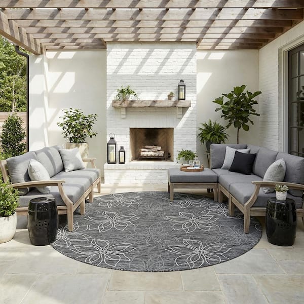 Charm Botanical Ash 7 ft. x 7 ft. Round Indoor/Outdoor Area Rug