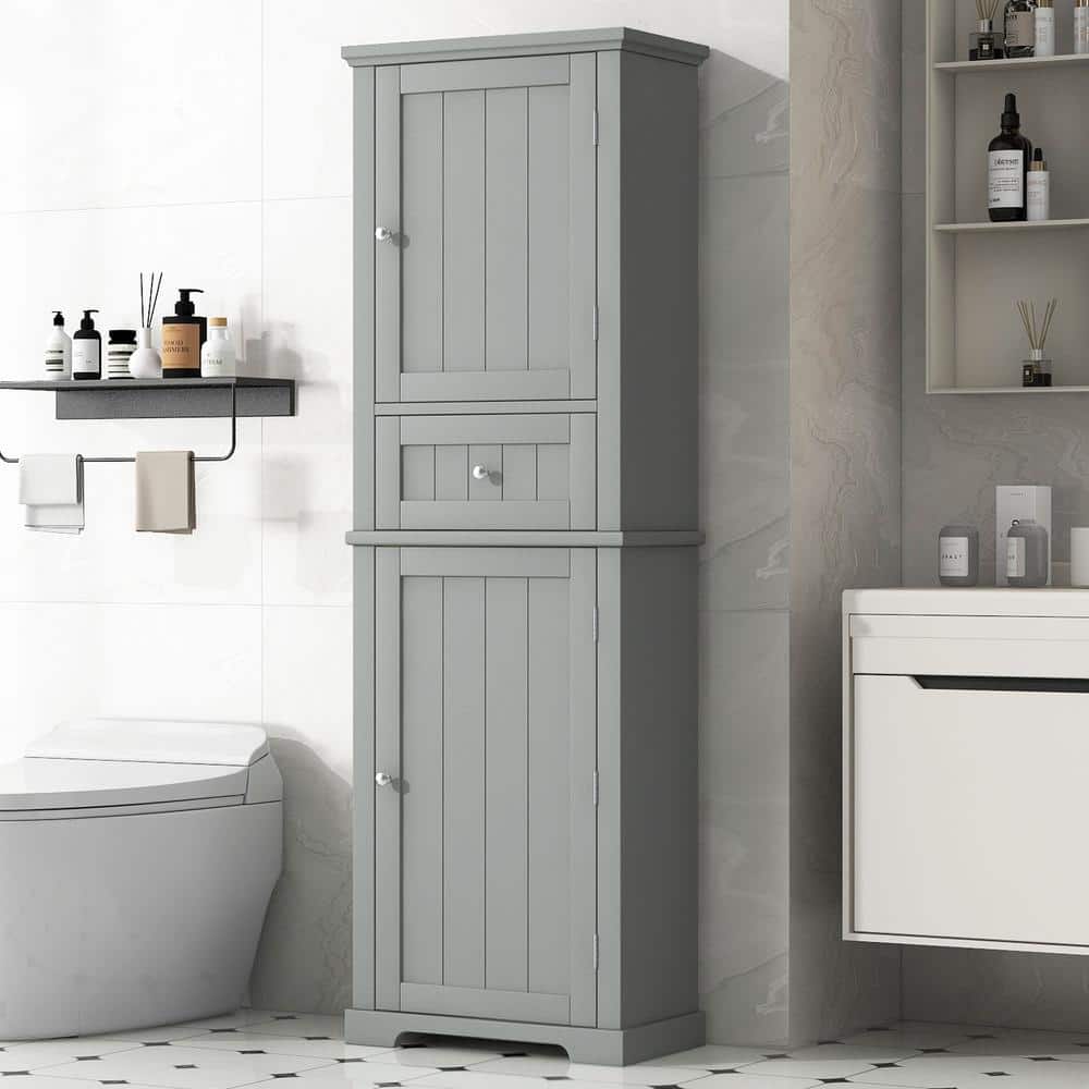 22 in. W x 11 in. D x 67.3 in. H Gray MDF Freestanding Tall Linen Cabinet w