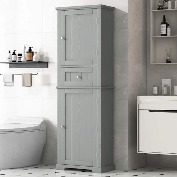 EPOWP 22 in. W x 11 in. D x 67.3 in. H Gray MDF Freestanding Tall Linen Cabinet with Adjustable Shelves and Drawer in Gray