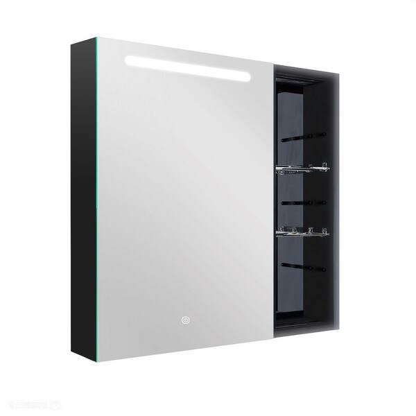Unbranded 30 in. W x 30 in. H Black Aluminum Surface Mount Lighted Medicine Cabinet with Mirror Left, Small Cabinet No Door