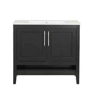 36 in. W Single Sink Bath Vanity in Black with White Ceramic Top, Open Shelf