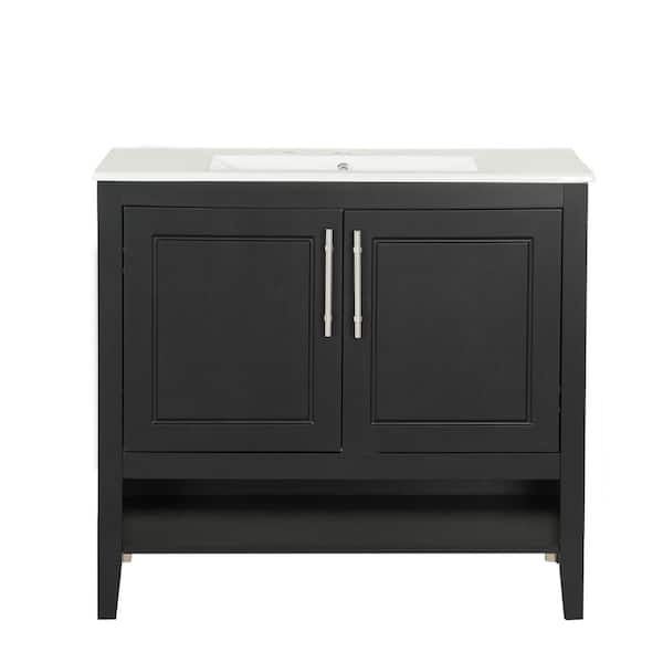 Virubi 36 in. W Single Sink Bath Vanity in Black with White Ceramic Top, Open Shelf