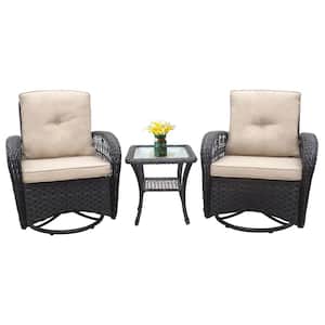 3-Piece Metal Conversation Set Rocking Chair with Glass Top Side Table in Khaki Cushions