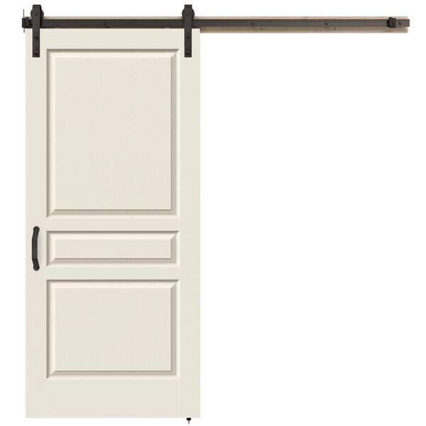 JELD-WEN 36 in. x 84 in. Avalon Primed Smooth Molded Composite MDF Barn Door with Rustic Hardware Kit