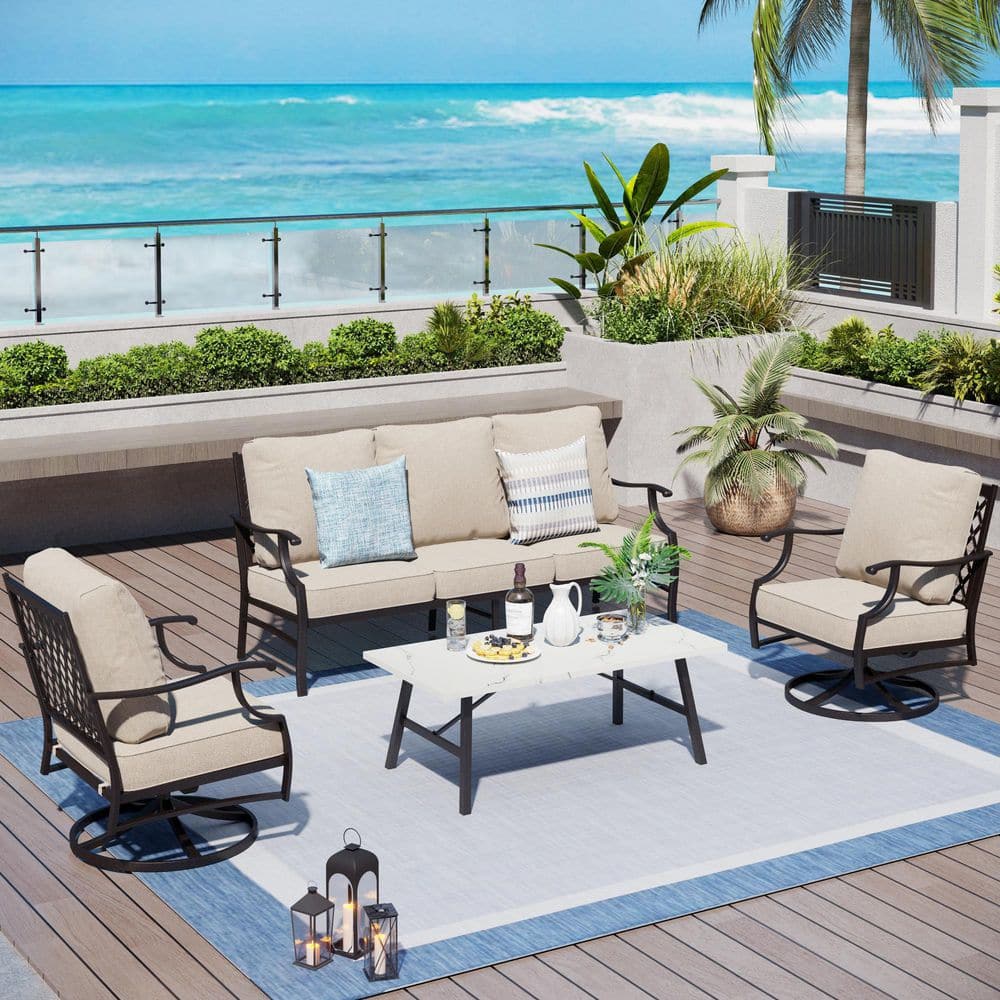 Black Metal 5 Seat 4-Piece Outdoor Patio Conversation Set With Beige Cushions, Swivel Chairs and Marble Pattern Table price history on PriceWatchPro