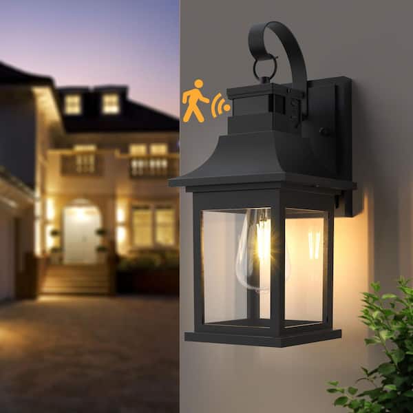 Decorators 14 in. 1-Light Black Farmhouse Hardwired Aluminum Outdoor Sconce with Motion Sensor, Tempered Glass Shade