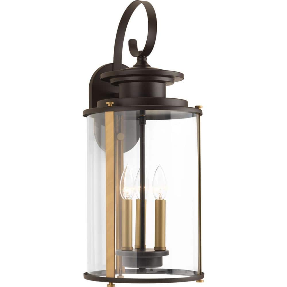 Antique Bronze and Brass 3-Light Large Wall Lantern with Clear Glass Shade