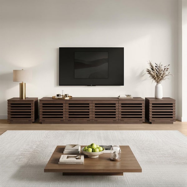 Spruce & Spring Caleo 75 in. Walnut LED TV Stand Set w/ Fluted