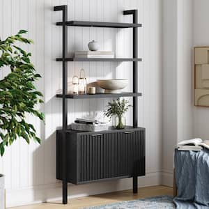 Jasper 72 in. Tall Black Oak Solid Wood 3-Shelf Standard Ladder Bookcase with Fluted Cabinet