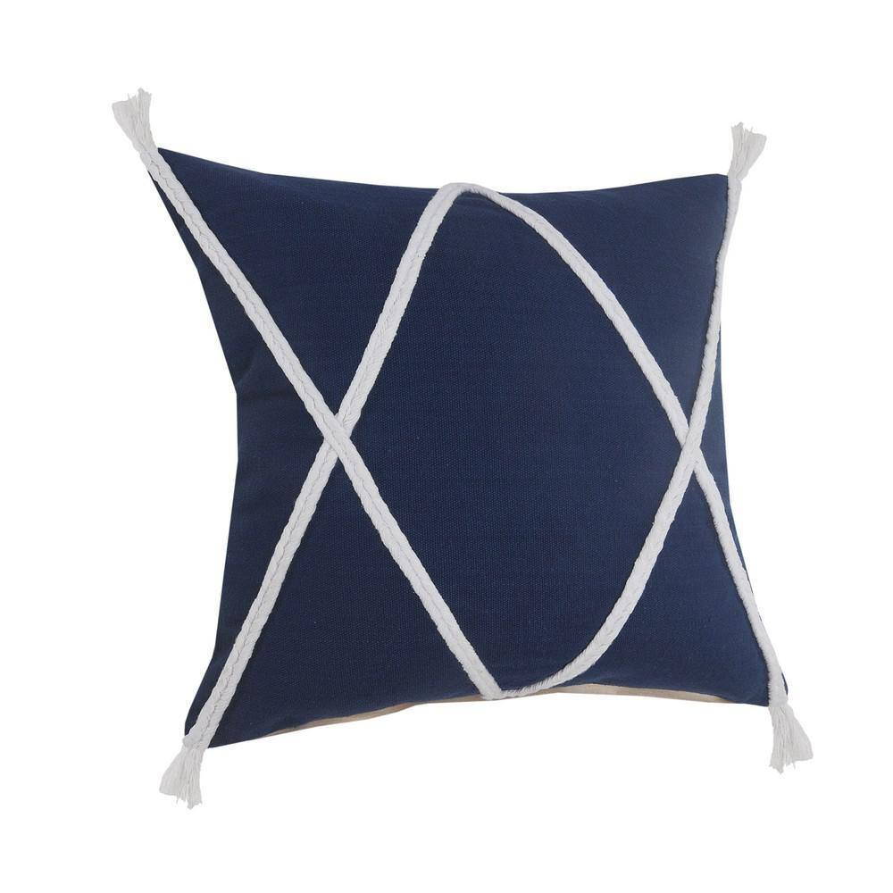 Coastal Square Navy and White Braided Tasseled Throw Pillow