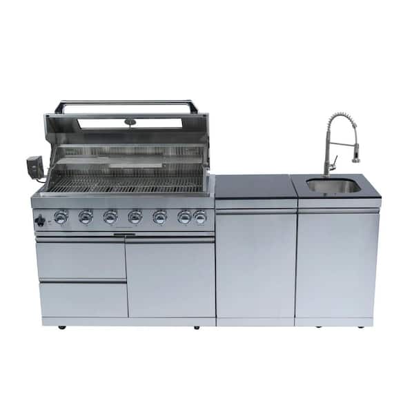 43 in. Deluxe 6-Burner Propane Gas Grill Island Outdoor Kitchen with Rotisserie Kit Refrigerator Sink in Stainless Steel