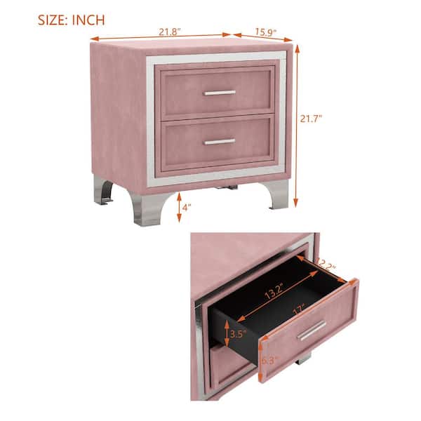 CSC DECOR INC Pink 2-Drawer 21.8 in. W Nightstand Velvet