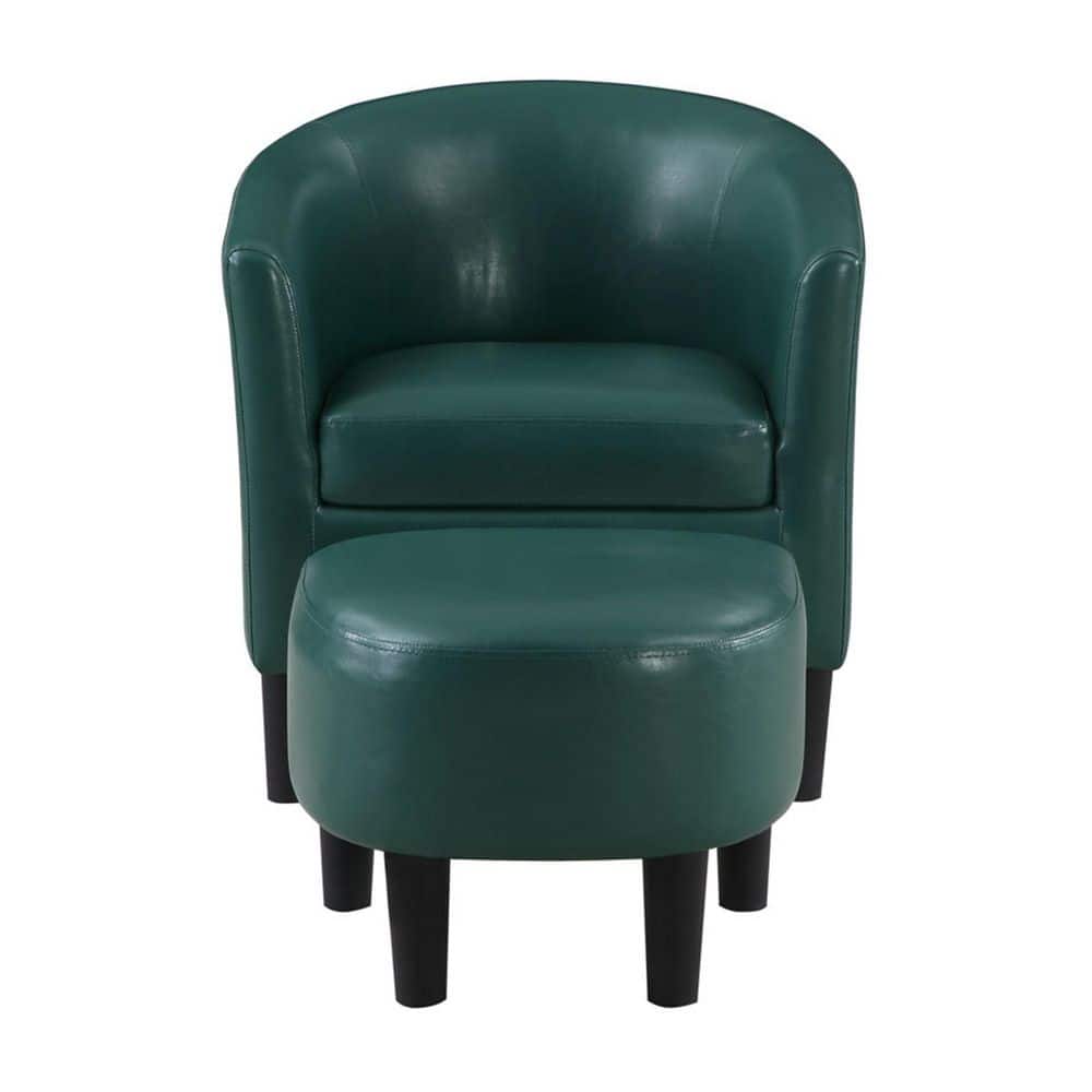 Forest Green Faux Leather Barrel Accent Chair with Ottoman