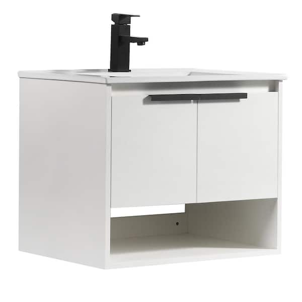 JimsMaison 24 in. W x 18 in. D x 20 in. H Bath Vanity Set in White with Ceramic Vanity Top in White with White Basin