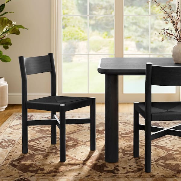 Alvia Mid Century Modern Dining Chair in Black with Woven Paper Rope Seat