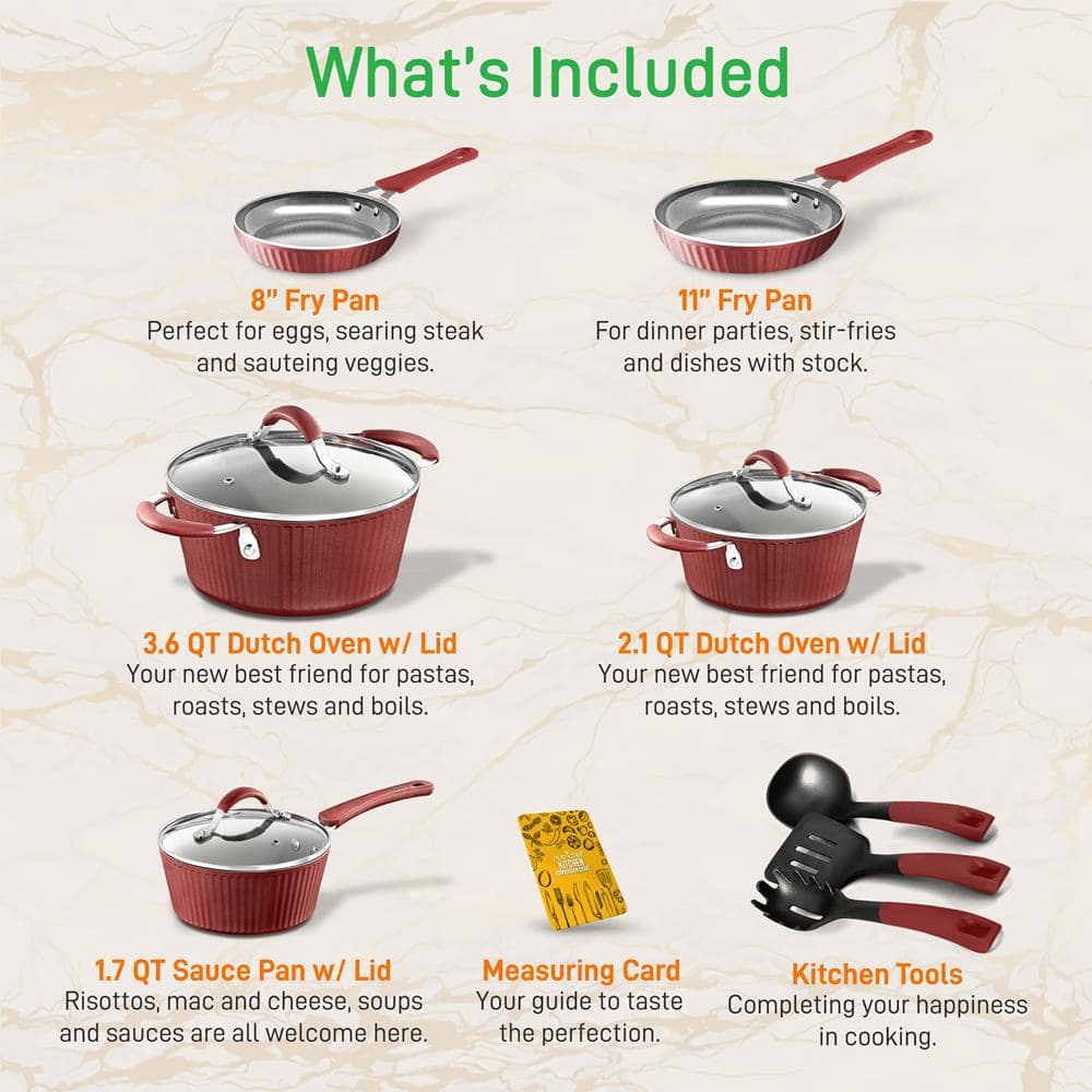 NutriChef 11-Piece Red and Gray Non-Stick Aluminum Cookware Set