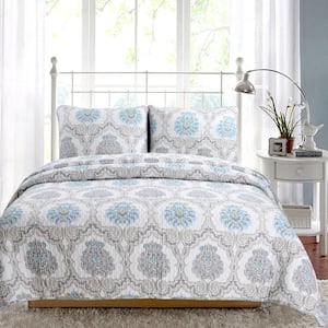 Peace of Mind 3-Piece Light Aqua Blue Gray Floral Brocade Damask Cotton King Quilt Bedding Set