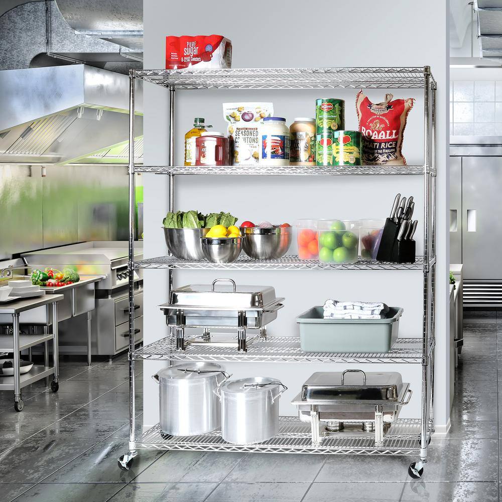 UltraDurable 5-Tier Silver Steel Shelving Unit with Wheels