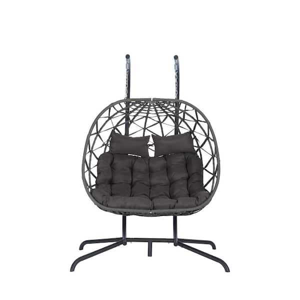 Unbranded 2 Person Dark Gray PE Rattan Wicker Outdoor Hanging Chair With Dark GrayCushions Patio Wicker Egg Chair