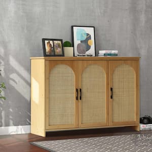 Yellow Bamboo 47.4 in. W Accent Cabinet Office Storage Cabinet Sideboard with Rattan Doors