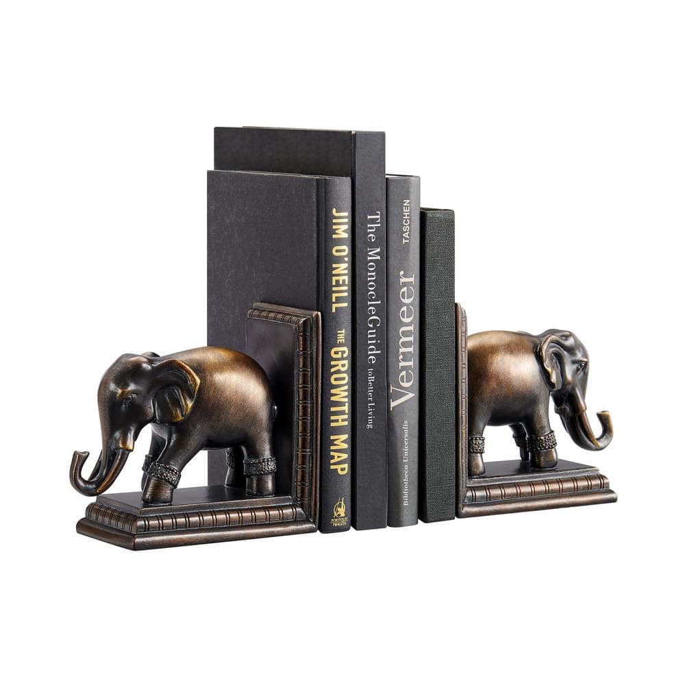 Bronze Patina Elephant Bookends Set with Ornate Design