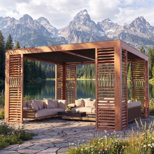 Ultra Series 12 ft. x 12 ft. Heavy Duty Louvered Pergola, Adjustable Waterproof Roof w/ Drainage, Wood-Grain