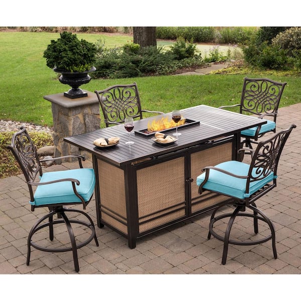 Hanover Traditions 5-Piece Aluminum Rectangular Outdoor High Dining Set with Fire Pit with Blue Cushions