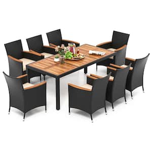 9-Piece Wood Rectangle 29.5 in Outdoor Dining Set with Cushions Beige